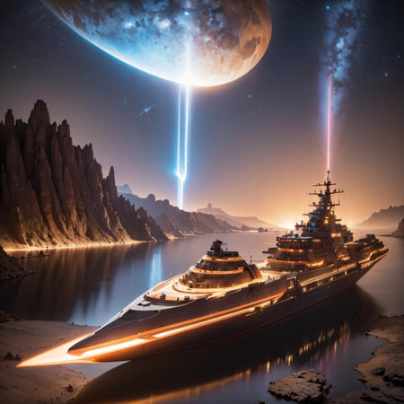 Fantasy alien planet and ship. 3D illustration. Elements of this image furnished by NASAの素材
