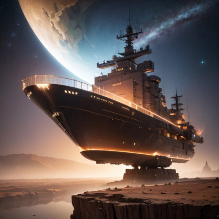Futuristic ship in space with full moon. 3d renderingの素材