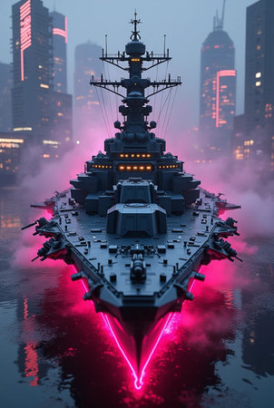 3D Illustration of a battle ship on the background of the night cityの素材
