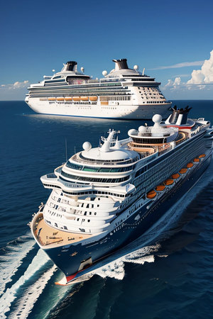 Cruise ships on the sea. 3d rendering. Computer digital drawing.の素材