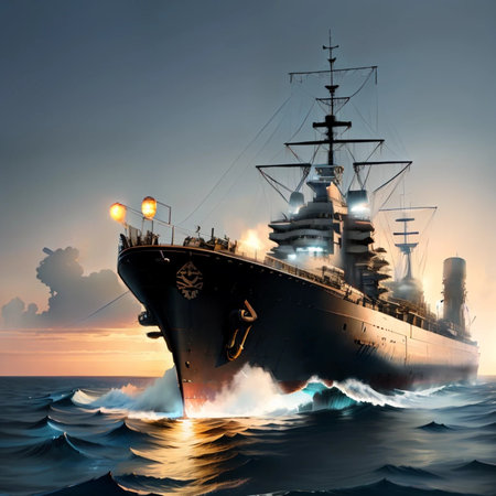 A large warship in the sea. 3D rendering. Computer digital drawing.の素材