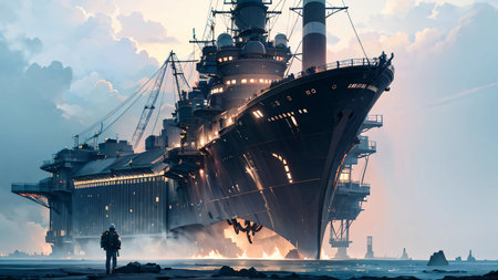 Silhouette of a man standing in front of a big ship.の素材