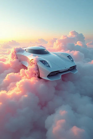 3D render of a super car in the clouds at sunset.の素材