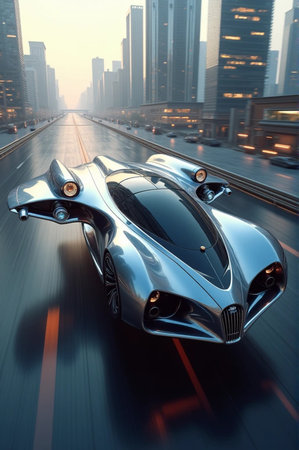 Futuristic concept car on the road with city in the backgroundの素材