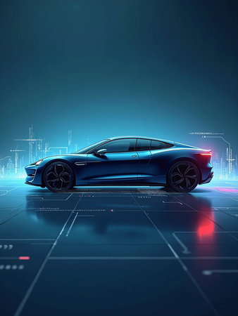 3d rendering of a sports car in blue and red neon lightの素材