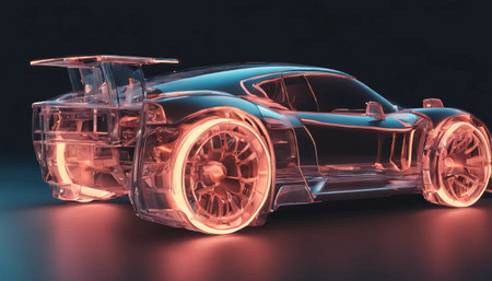 3D rendering of a sports car with neon lights on a dark backgroundの素材
