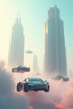 Modern city with skyscrapers and cars in fog. 3d renderingの素材
