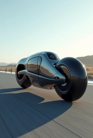 3D rendering of a concept car driving on a highway in the desertの素材