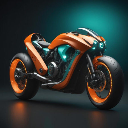 3D render of a brand-less generic concept motorcycle on dark backgroundの素材