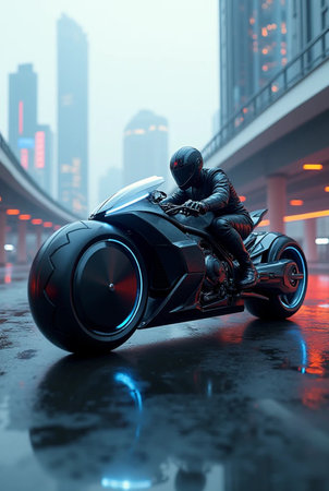 3D rendering of a super motorbike in the city at nightの素材