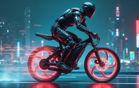 Cyborg riding a motorcycle on the road. 3d rendering.の素材