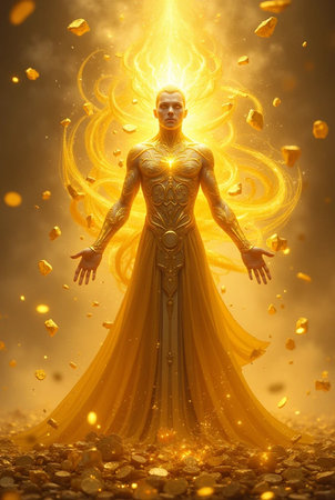 3D Illustration of a Fantasy Figure with a Golden Fire Effectの素材