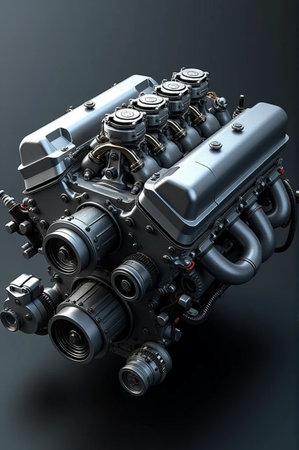 3D rendering of a car engine on a dark background with shadowの素材