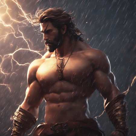 Portrait of a strong man with muscular body posing in the rain.の素材