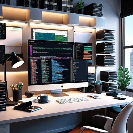 Modern office interior with desktop computer, coffee cup, supplies and other items. 3D Renderingの素材