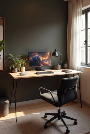 Workplace with computer, lamp and plant in modern home office interiorの素材