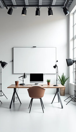 Interior of modern bright office with white walls, concrete floor, white computer table with brown chairs and horizontal mock up poster. 3d renderingの素材
