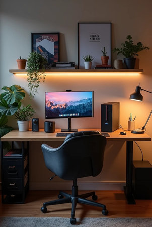 Modern home office interior with desk, computer and other items. Workplace conceptの素材