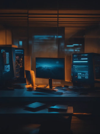 Computer room at night in the dark. Selective focus. Toned.の素材