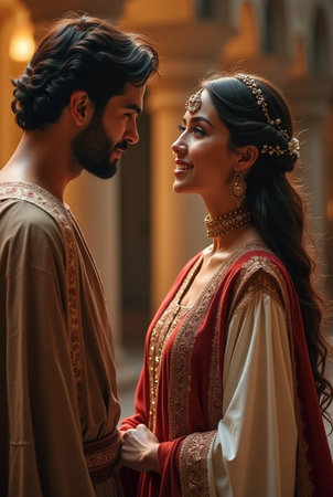 Portrait of a beautiful young couple in medieval clothes looking at each otherの素材