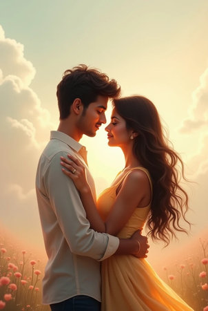 Young couple in love embracing in the field at sunset. Love concept.の素材