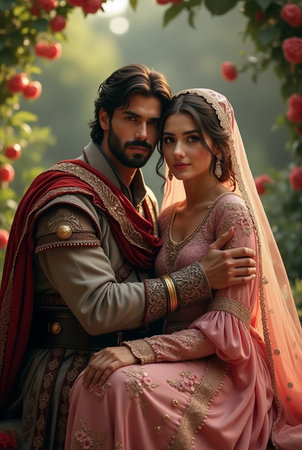 Portrait of a beautiful young couple in medieval dress in the gardenの素材