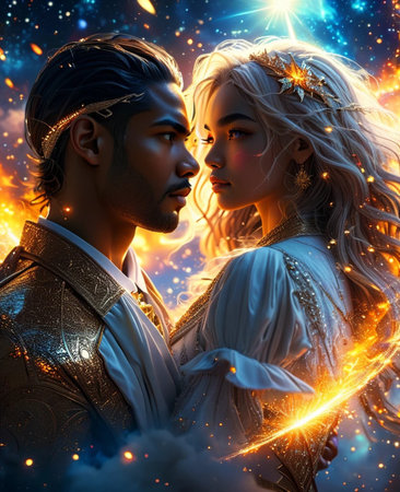 Beautiful young couple in medieval costumes. Fantasy. 3D rendering.の素材