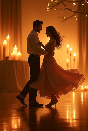 Beautiful young couple dancing tango in the room with candles.の素材
