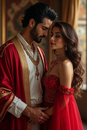 Beautiful young couple in love, man and woman in the interiorの素材