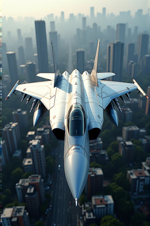 3D rendering of a fighter jet flying in the sky over the cityの素材