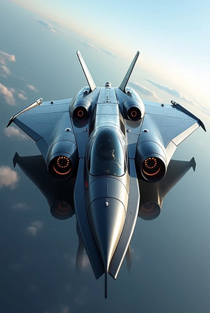 Futuristic spaceship flying in the blue sky. 3D renderingの素材