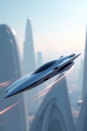 Futuristic spaceship flying over the city. 3D rendering.の素材