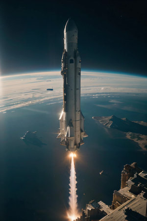 Space shuttle taking off from the planet Earth. Shot in outer space.の素材