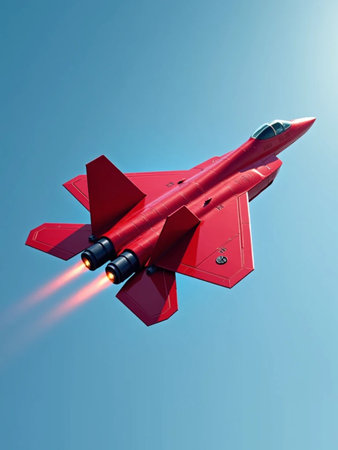 Red fighter jet flying in the blue sky. 3D illustration.の素材
