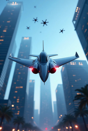 Airplane in the city at night. 3d render image.の素材