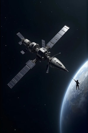 International Space Station in outer space. Science fiction art. 3D renderingの素材
