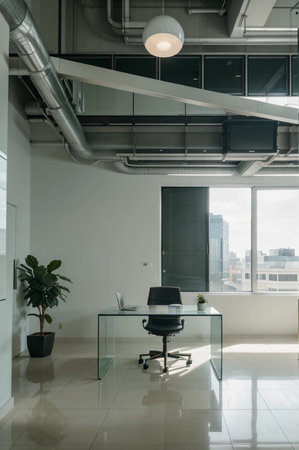 Interior of a modern office with a panoramic city viewの素材
