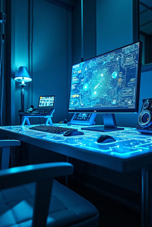 3d rendering of computer room with blue lights and a lot of equipmentの素材