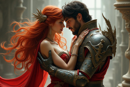 Portrait of a beautiful couple of medieval warriors in armor with red hair.の素材