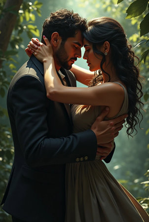 Beautiful young couple in love embracing and kissing in the forest.の素材