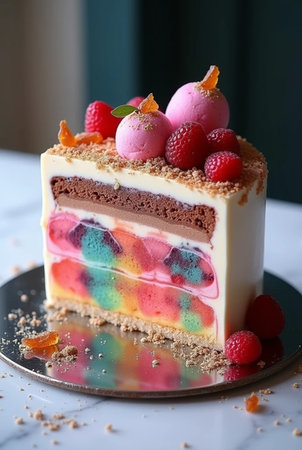 Fruit cake with raspberries, strawberries, chocolate and creamの素材