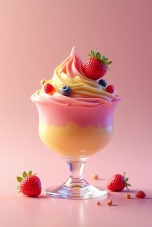 Vanilla mousse with fresh berries in a glass on pink backgroundの素材