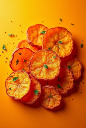 Dried orange slices with mint leaves on orange background, top viewの素材