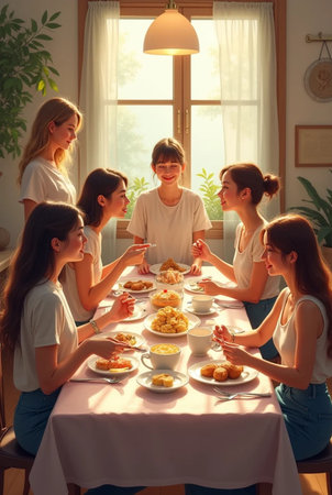 Group of friends having breakfast together at home. Girls sitting at the table and chatting.の素材