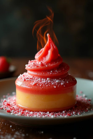 Delicious strawberry cheesecake with icing sugar on wooden table, closeupの素材