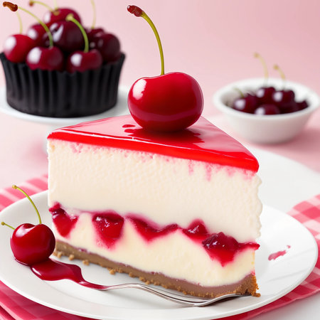 Cherry cheesecake on a plate with cherries on a pink backgroundの素材