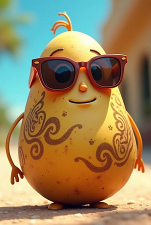 Funny yellow easter egg in sunglasses on the background of the seaの素材
