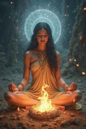 Beautiful young indian woman sitting in lotus pose with fireの素材