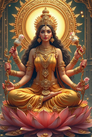 Beautiful Indian woman sitting on lotus flower and meditating.の素材