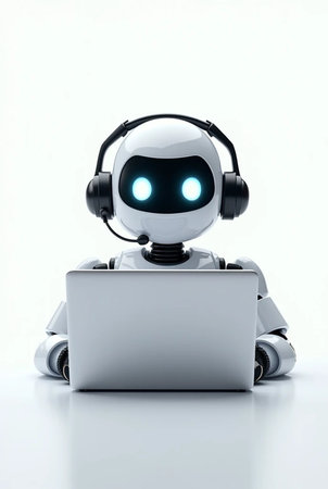 3d rendering humanoid robot working with a laptop computer on white backgroundの素材